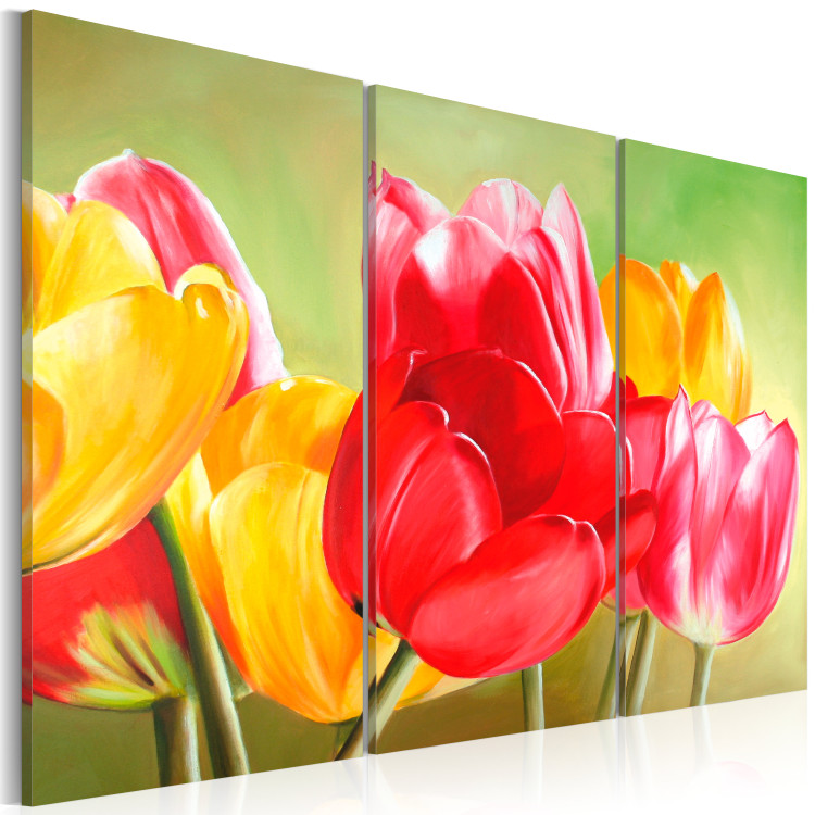 Canvas Art Print Tulips in Bloom Again (3-piece) - Colourful flowers on a green background 48679 additionalImage 2