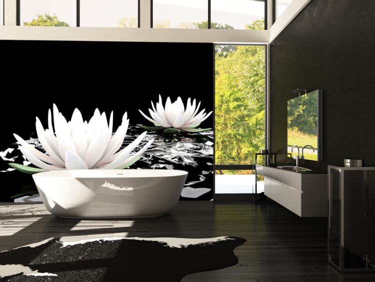 Photo Wallpaper Beauty of Plants - Floating White Water Lilies on a Black Background 60179