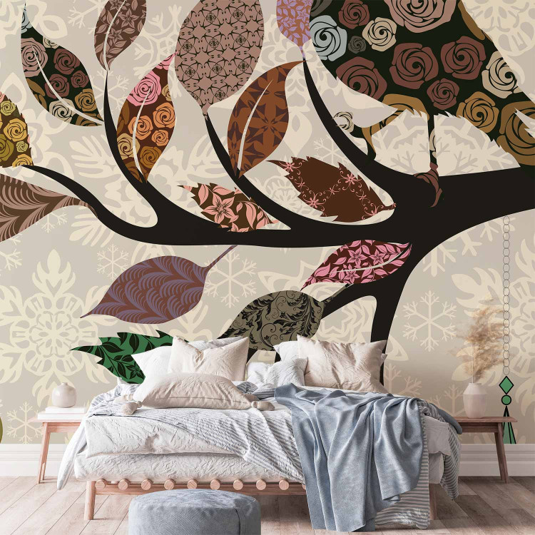 Photo Wallpaper Retro Abstraction - Boho patchwork patterns with a bird on a tree branch 61079 additionalImage 2