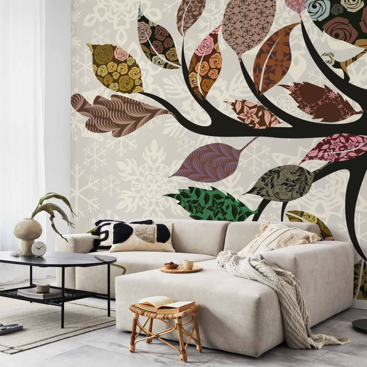 Photo Wallpaper Retro Abstraction - Boho patchwork patterns with a bird on a tree branch 61079