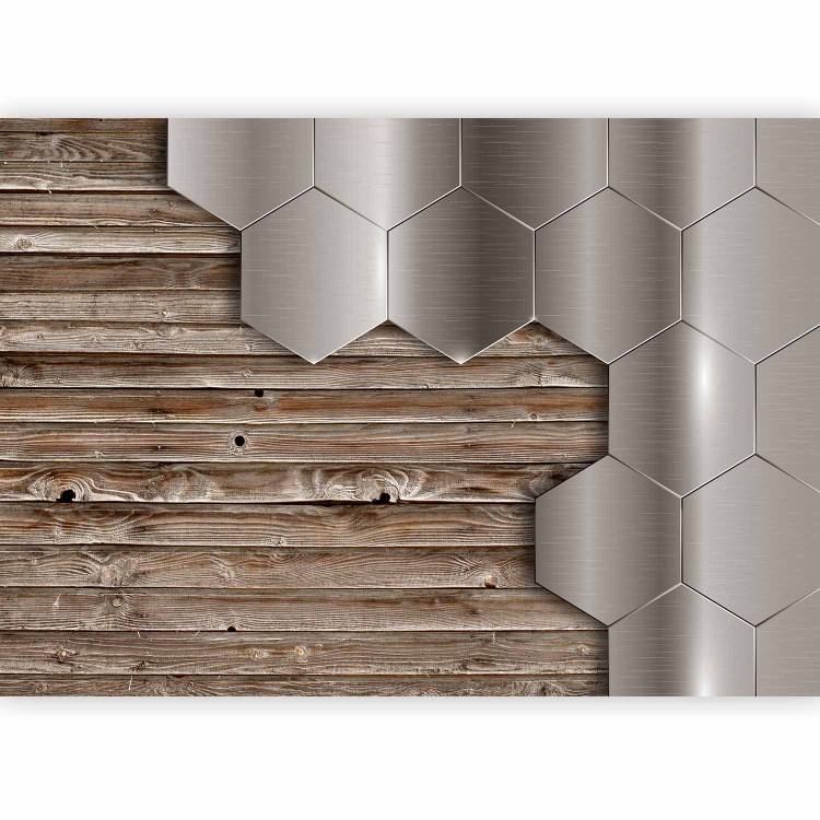 Photo Wallpaper Wood and Metal - Design with Metallic Geometric Shapes on Wood 64879 additionalImage 5