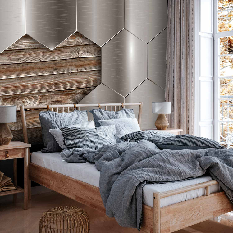 Photo Wallpaper Wood and Metal - Design with Metallic Geometric Shapes on Wood 64879 additionalImage 2