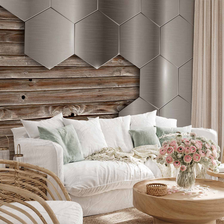 Photo Wallpaper Wood and Metal - Design with Metallic Geometric Shapes on Wood 64879
