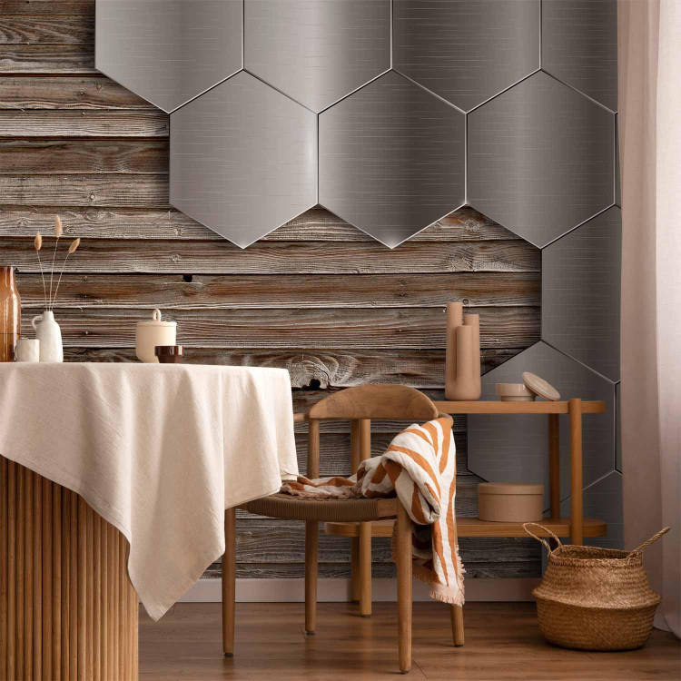 Photo Wallpaper Wood and Metal - Design with Metallic Geometric Shapes on Wood 64879 additionalImage 6