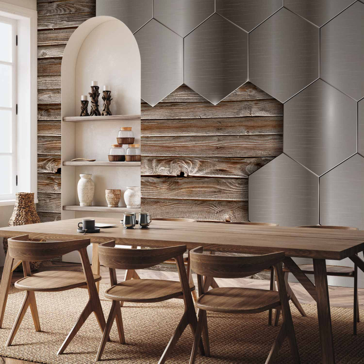 Photo Wallpaper Wood and Metal - Design with Metallic Geometric Shapes on Wood 64879 additionalImage 4