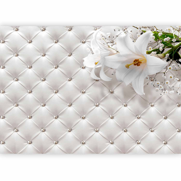 Photo Wallpaper Elegance of white - white lilies against a quilted pattern with diamonds 90479 additionalImage 1