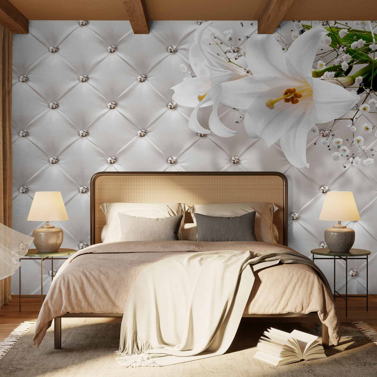 Photo Wallpaper Elegance of white - white lilies against a quilted pattern with diamonds 90479 additionalImage 2