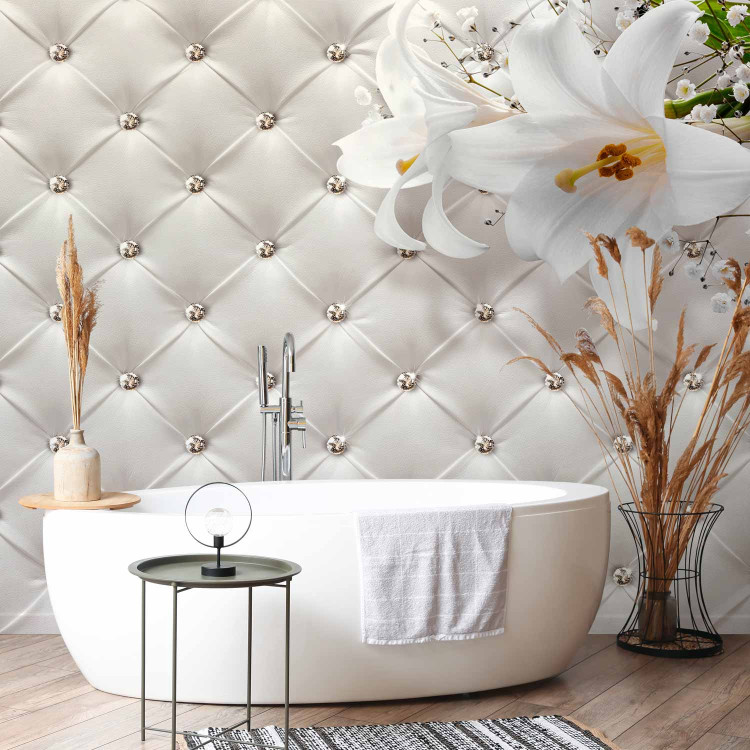 Photo Wallpaper Elegance of white - white lilies against a quilted pattern with diamonds 90479 additionalImage 8