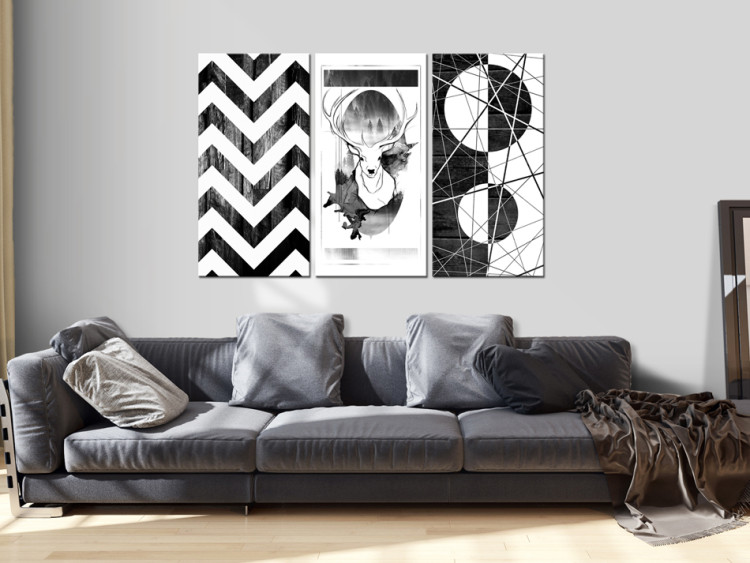 Canvas Print Black Forest (3-part) - black and white deer and geometric figures 94179 additionalImage 3