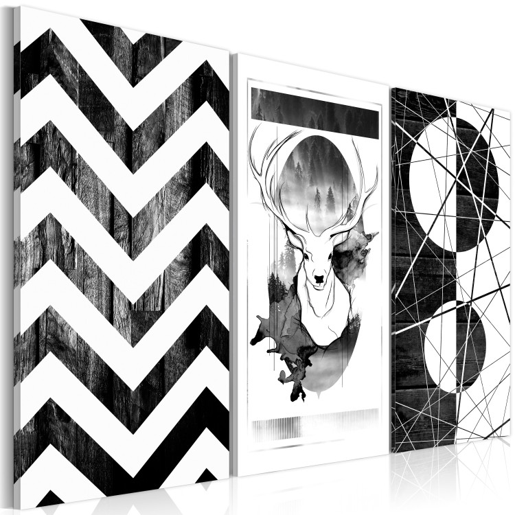 Canvas Print Black Forest (3-part) - black and white deer and geometric figures 94179 additionalImage 2