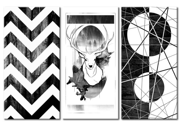 Canvas Print Black Forest (3-part) - black and white deer and geometric figures 94179