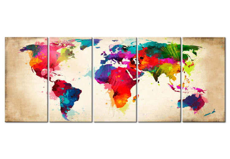 Canvas Print Bright Continents (5-piece) - World Map Painted with Watercolor 105189