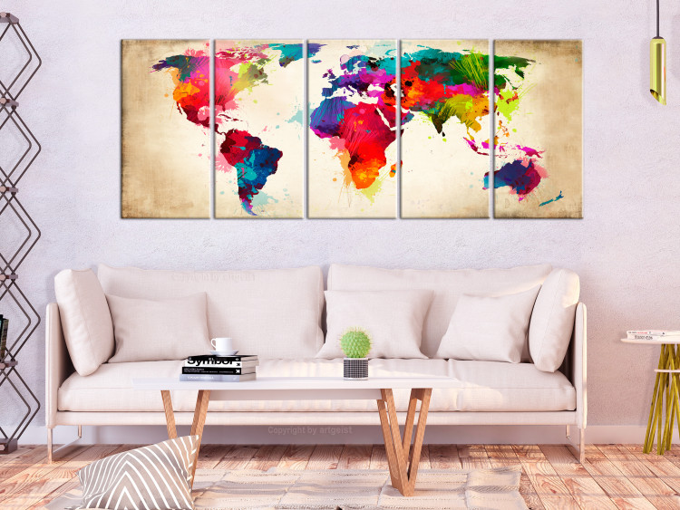 Canvas Print Bright Continents (5-piece) - World Map Painted with Watercolor 105189 additionalImage 3