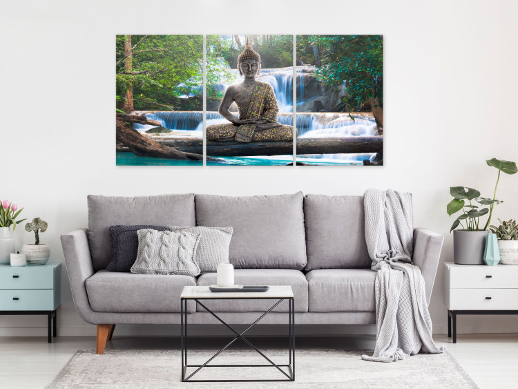 Canvas Print Buddha and Waterfall (3 Parts) Green 121989 additionalImage 3