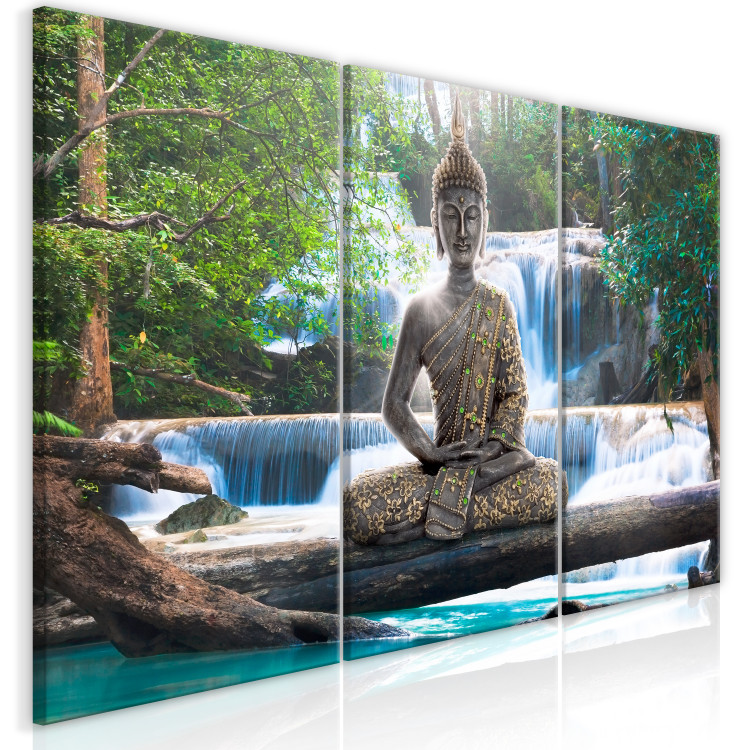 Canvas Print Buddha and Waterfall (3 Parts) Green 121989 additionalImage 2
