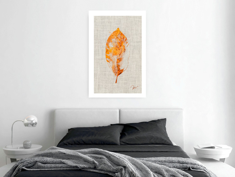 Poster Golden Flora - orange autumn leaf on grey fabric texture 123789 additionalImage 2