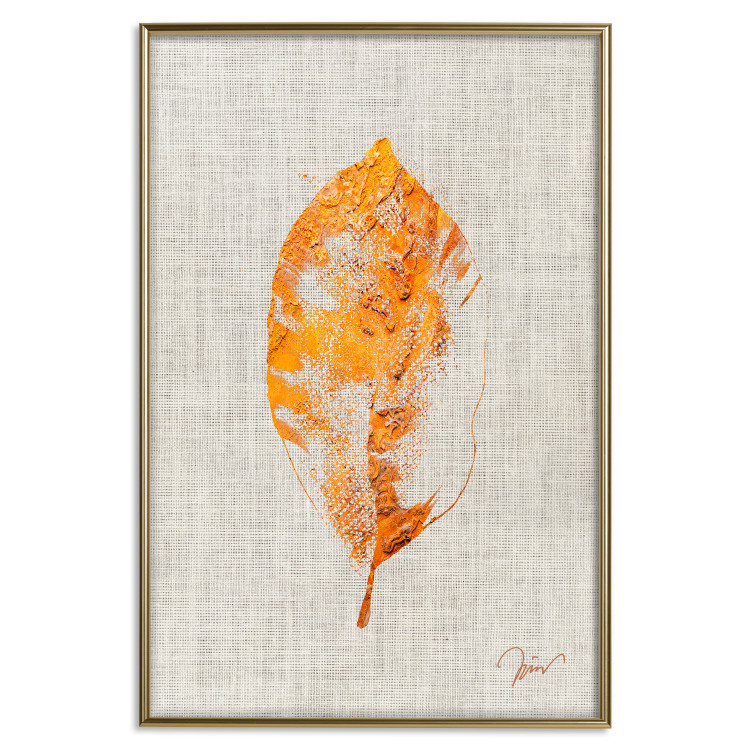 Poster Golden Flora - orange autumn leaf on grey fabric texture 123789 additionalImage 16