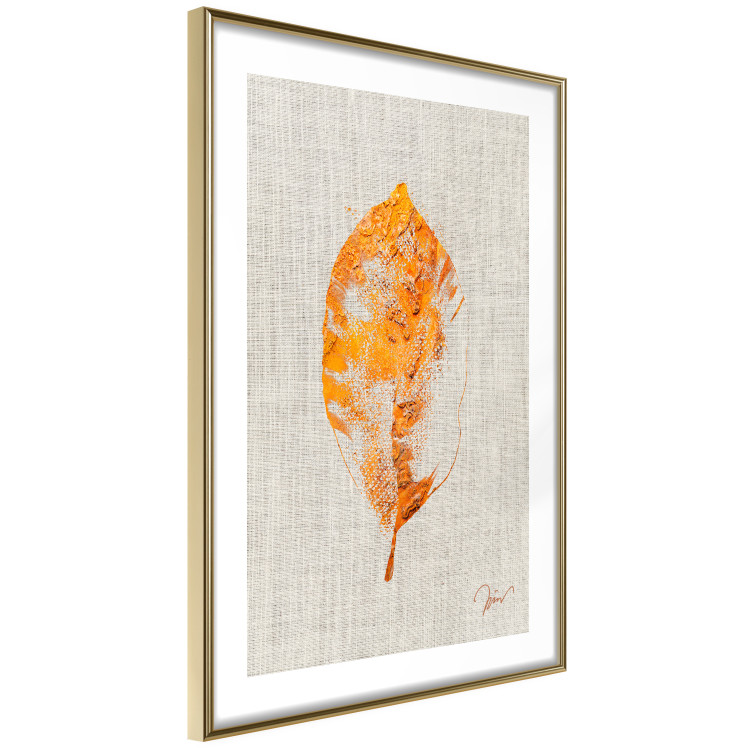 Poster Golden Flora - orange autumn leaf on grey fabric texture 123789 additionalImage 6