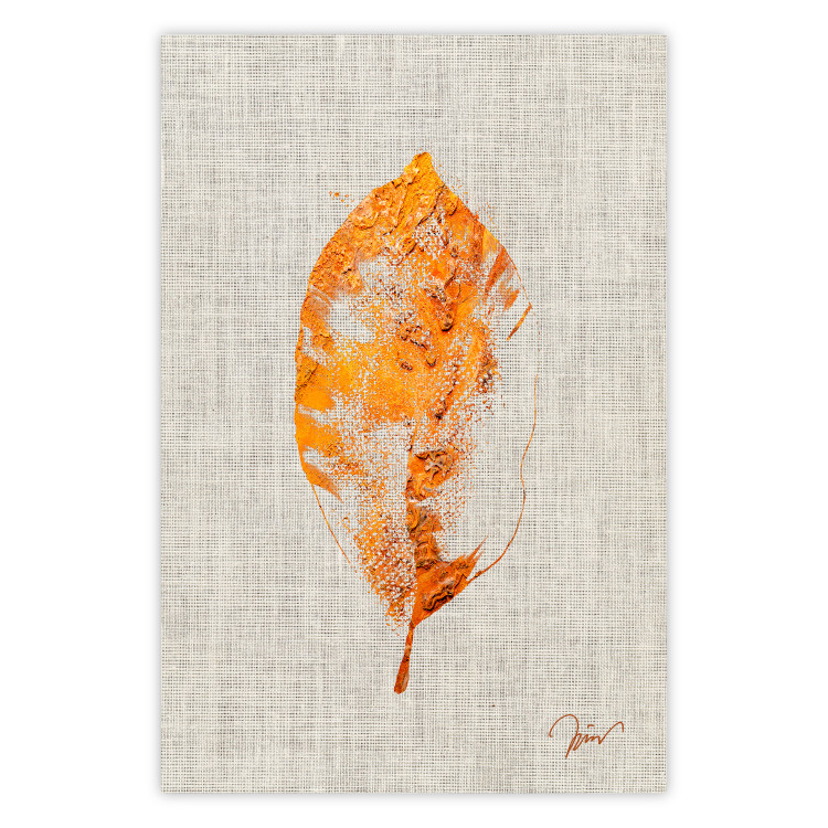 Poster Golden Flora - orange autumn leaf on grey fabric texture 123789
