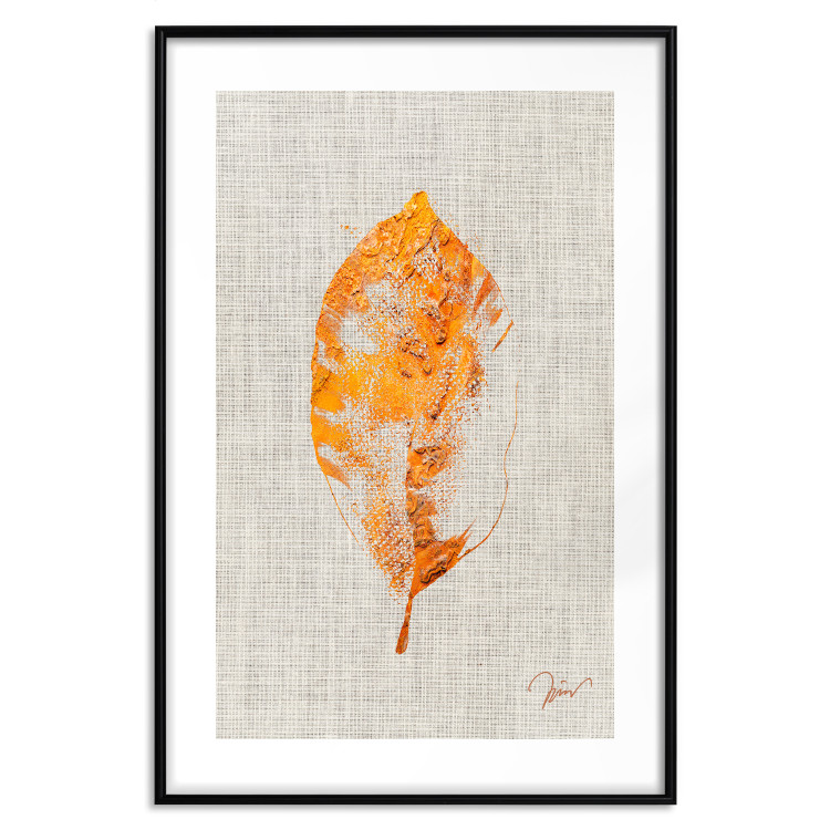 Poster Golden Flora - orange autumn leaf on grey fabric texture 123789 additionalImage 15