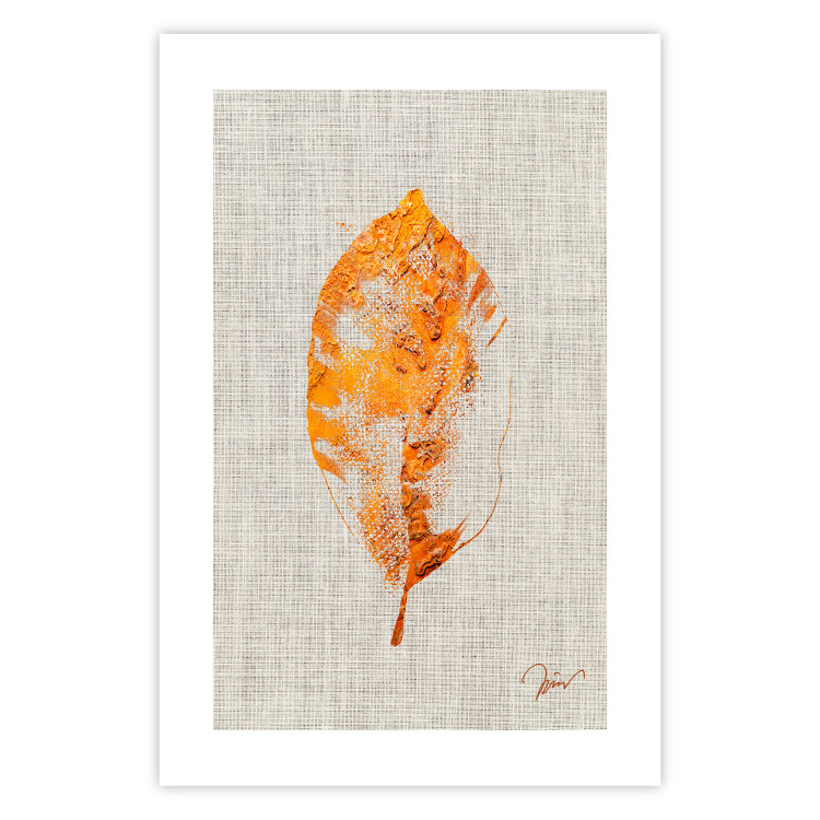 Poster Golden Flora - orange autumn leaf on grey fabric texture 123789 additionalImage 19
