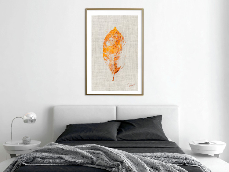 Poster Golden Flora - orange autumn leaf on grey fabric texture 123789 additionalImage 13