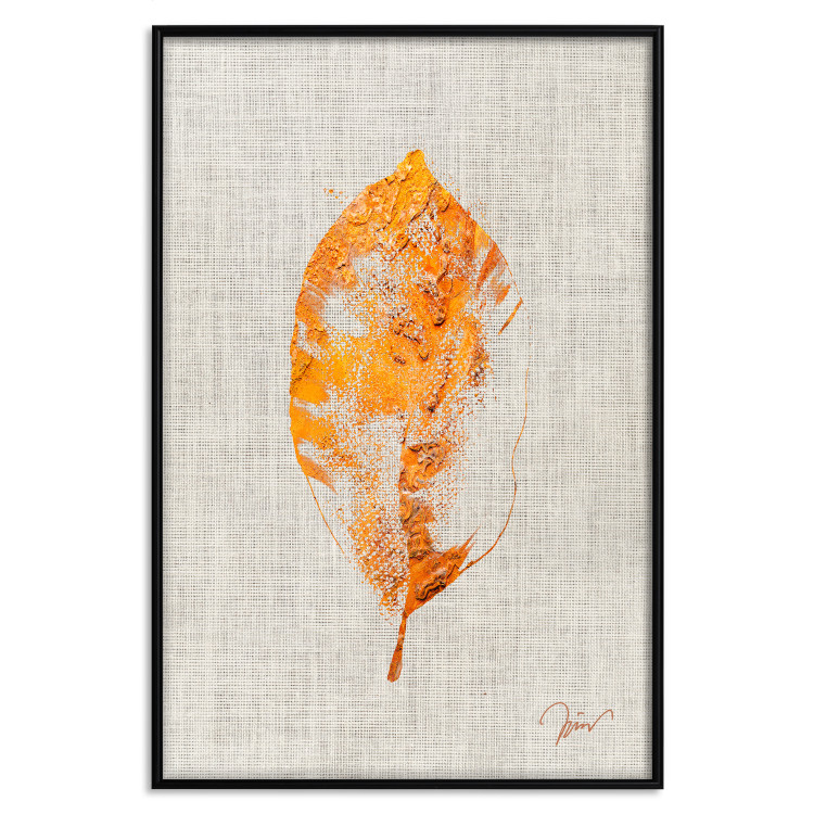 Poster Golden Flora - orange autumn leaf on grey fabric texture 123789 additionalImage 18