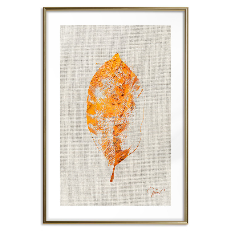 Poster Golden Flora - orange autumn leaf on grey fabric texture 123789 additionalImage 14