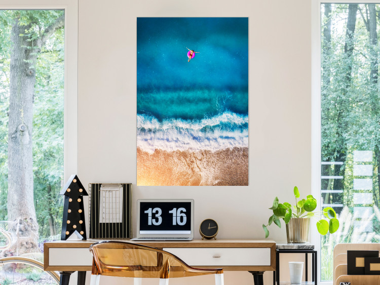 Poster Sea Bathing - woman on float in sand and blue sea background 123989 additionalImage 23