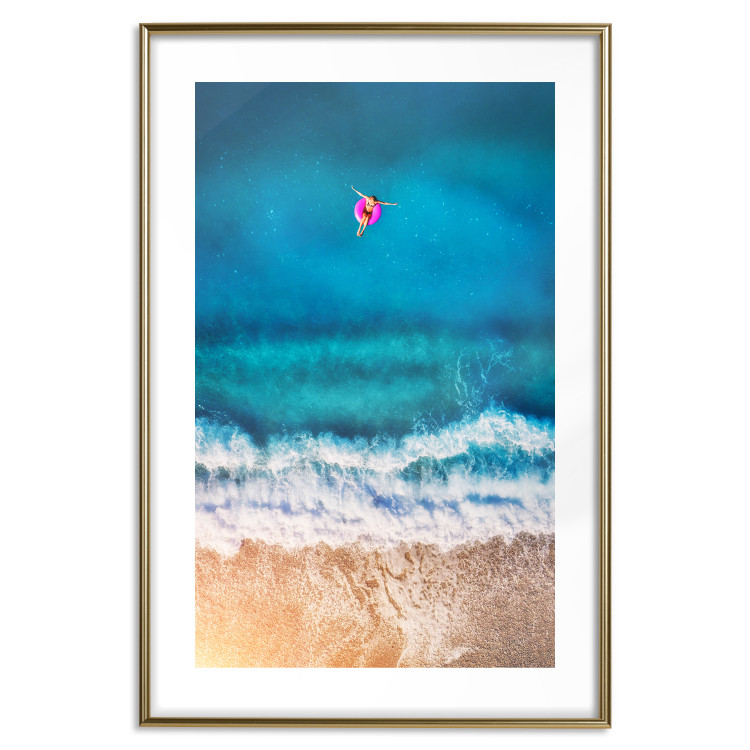 Poster Sea Bathing - woman on float in sand and blue sea background 123989 additionalImage 14