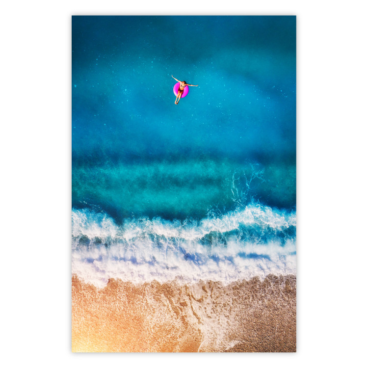 Poster Sea Bathing - woman on float in sand and blue sea background 123989