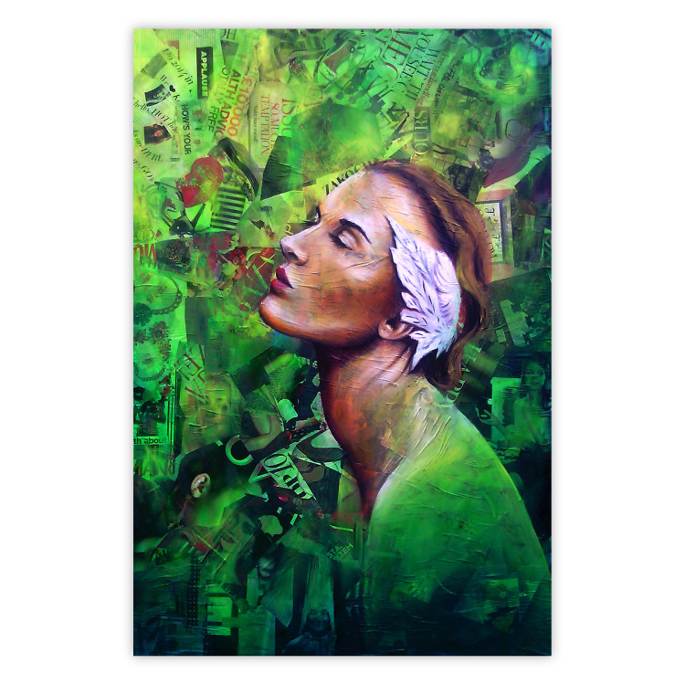 Poster Moment of Peace - portrait of a woman against a composition of green newspapers 126489