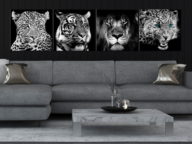 Canvas Print Big Cats (4-piece) - black and white lions in an oriental ambiance 129889 additionalImage 3