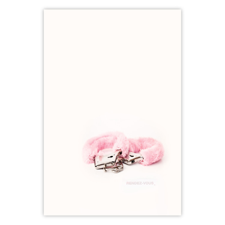 Poster Rendezvous - handcuffs with pink fur on a uniform light background 131789