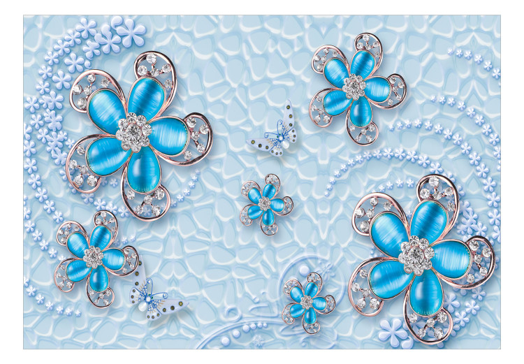 Wall Mural Jewels in flowers - abstract of flowers and butterflies on blue offset 132189 additionalImage 1