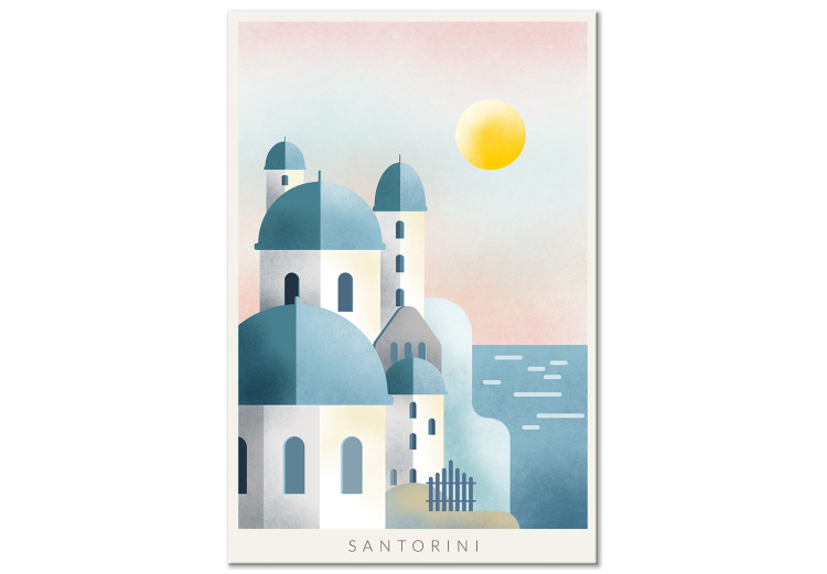 Canvas Print Greek Santorini - landscape with a characteristic white architecture of Santorini island and the sea with subtitles 134989