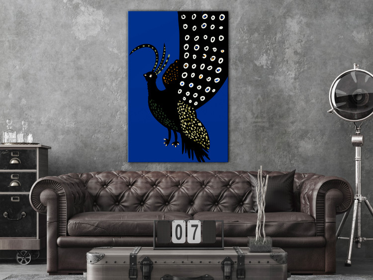 Canvas Art Print Oriental Peacock (1-piece) Vertical - black bird on navy background 142489 additionalImage 3
