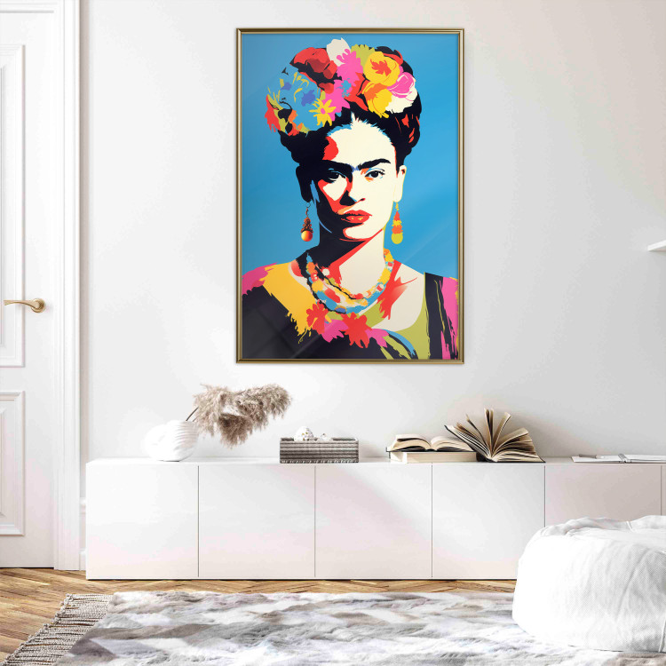 Wall Poster Blue Portrait - Frida Kahlo With Flowers in Her Hair in Pop-Art Style 152189 additionalImage 2