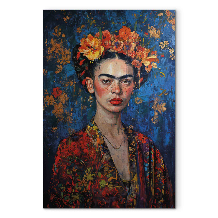 Canvas Portrait of Frida - Klimt-Style Composition on a Dark Blue Background 152289
