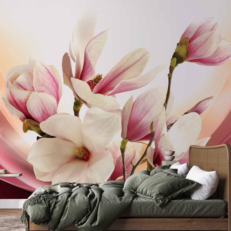 Photo Wallpaper Pink magnolia in glamour - floral composition with flowers and pattern 63889 additionalImage 2