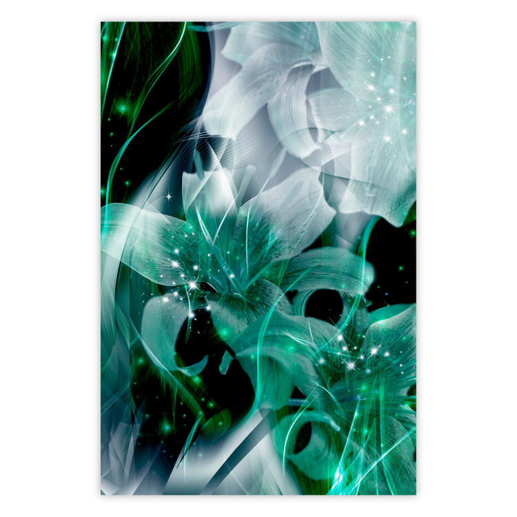 Wall Poster Enchanted Lilies - green-filled abstraction into shiny flowers 117899