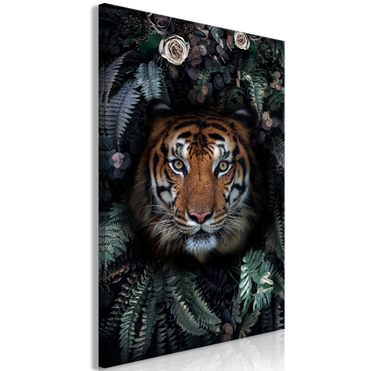 Canvas Art Print Tiger in Leaves (1-piece) Vertical - wild animal in the jungle 138599 additionalImage 2