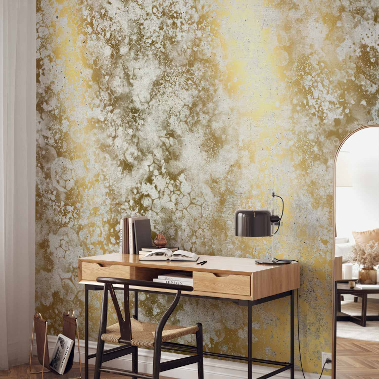 Wall Mural Abstraction - white patterned background with bubble marks on gold background 142699