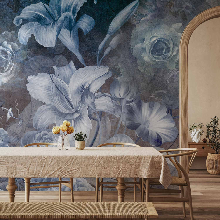 Wall Mural Vintage style flowers - large white plants on a dark background in blues 145099 additionalImage 6