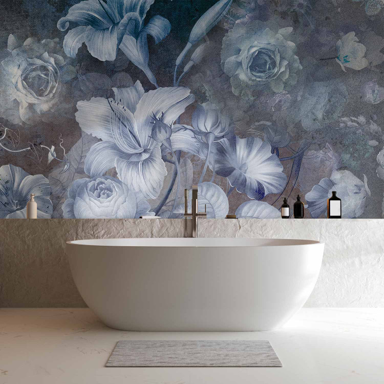Wall Mural Vintage style flowers - large white plants on a dark background in blues 145099 additionalImage 8
