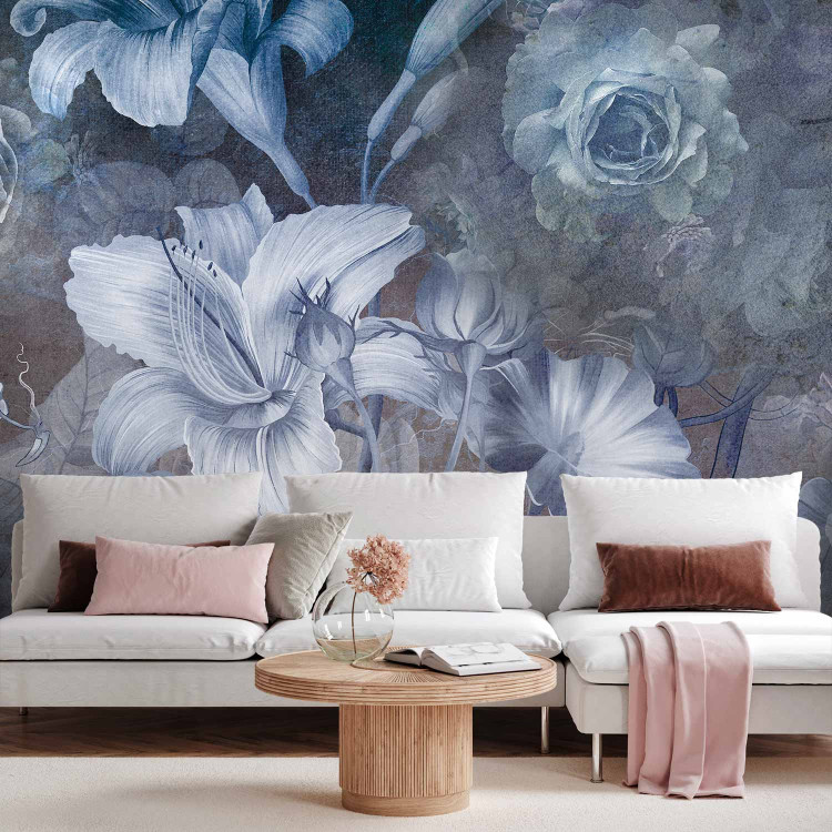 Wall Mural Vintage style flowers - large white plants on a dark background in blues 145099