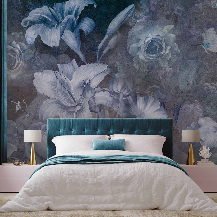 Wall Mural Vintage style flowers - large white plants on a dark background in blues 145099 additionalImage 2