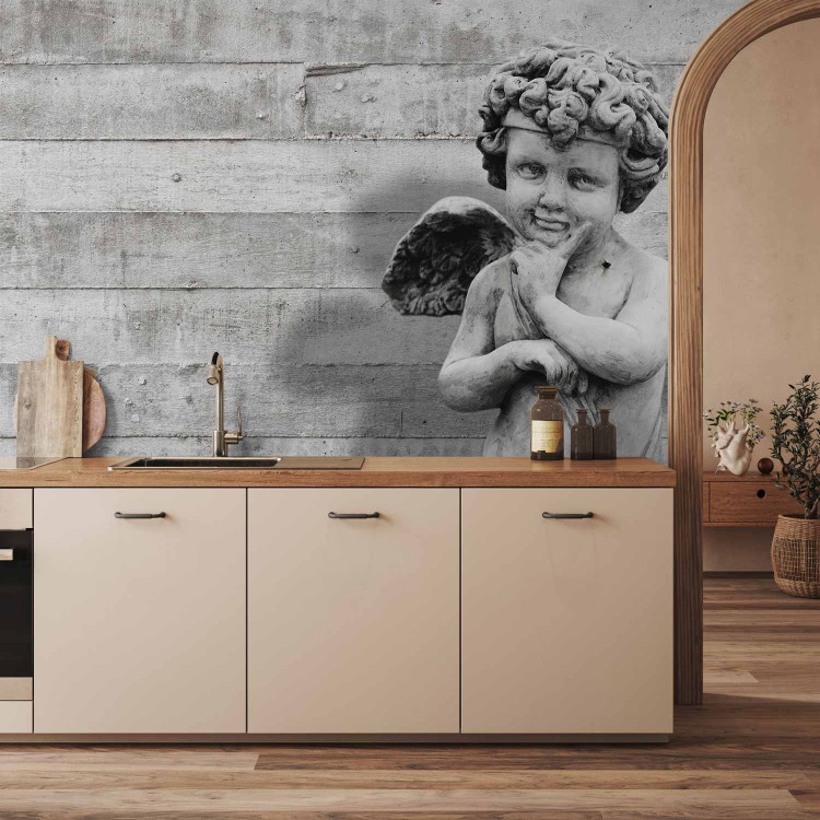 Wall Mural Charming stone cherub - angel sculpture against a background of concrete stripes 64499 additionalImage 6